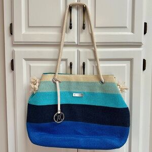 NWOT Amiani Blue Striped Jute Beach Tote Bag